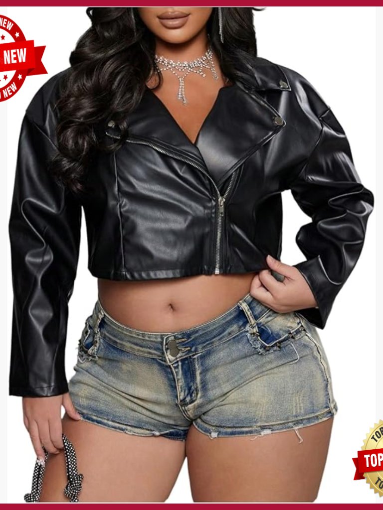 Plus Size Faux Leather Bomber Jacket Crop Motorcycle Biker Coat